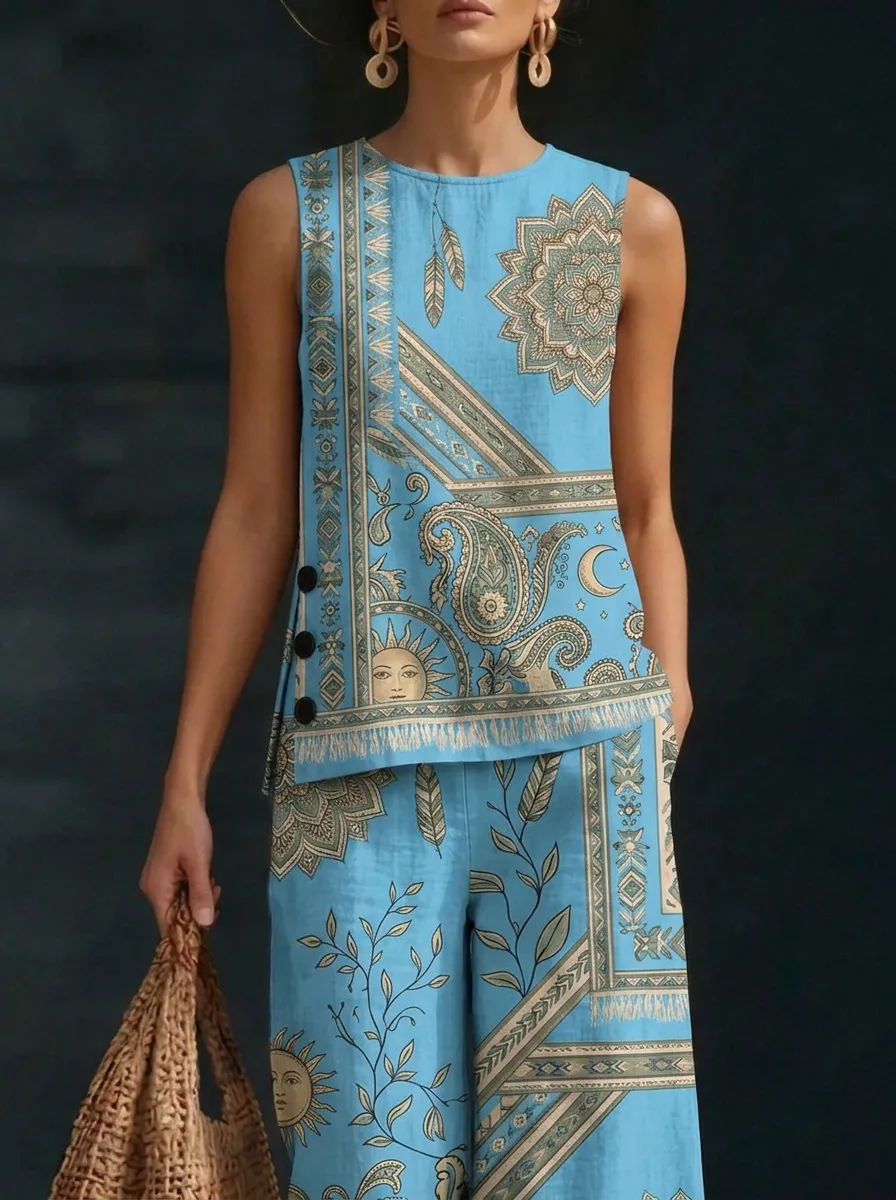 Women's Boho Sun Paisley Printed Sleeveless Set