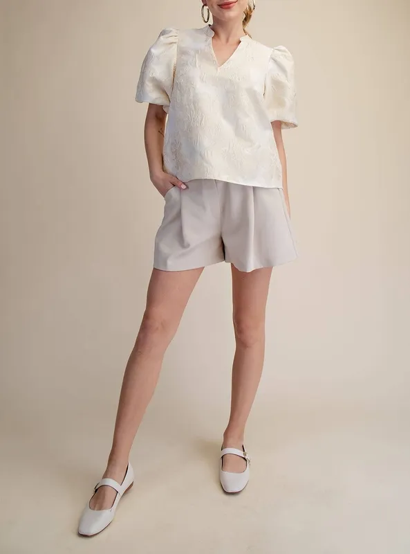 V-Neck Puff Sleeve Jacquard Top