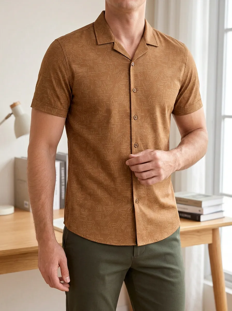 Men's Brown Geometric Pattern Printed Slim Fit Shirt