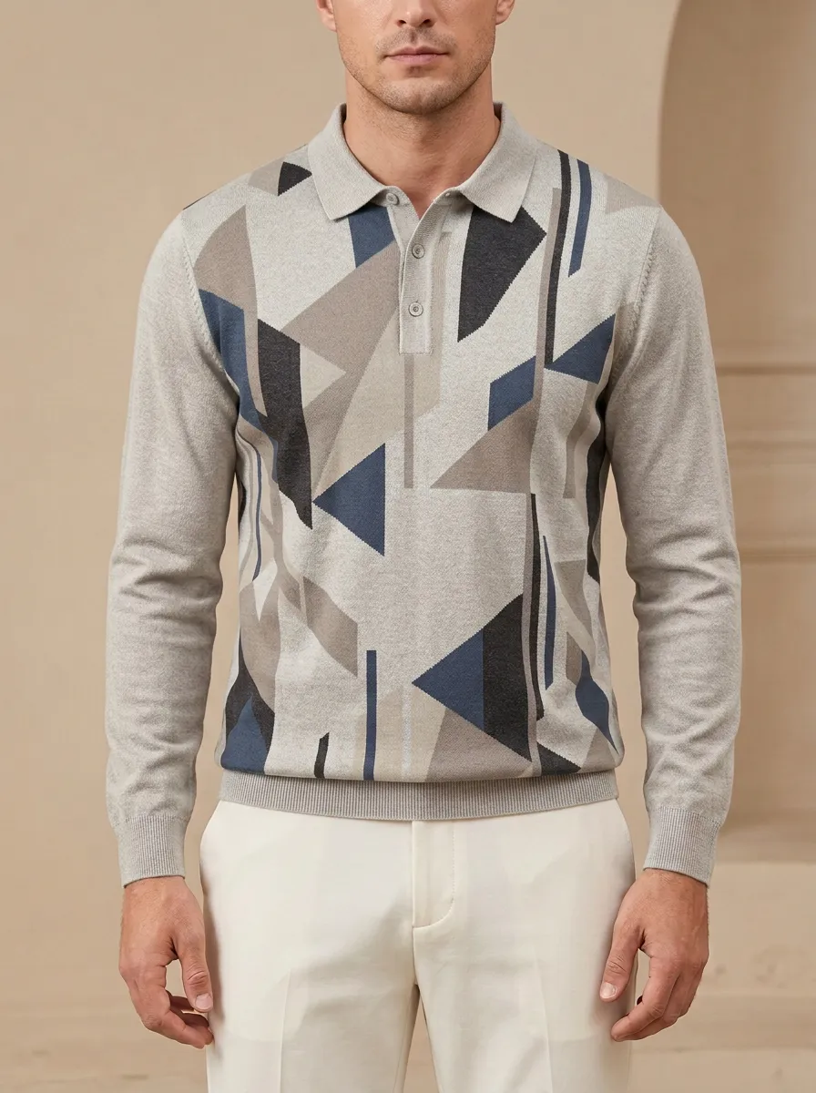 Men's Geometric Abstract Pattern Printed Long Sleeve Polo Shirt Everyday Design
