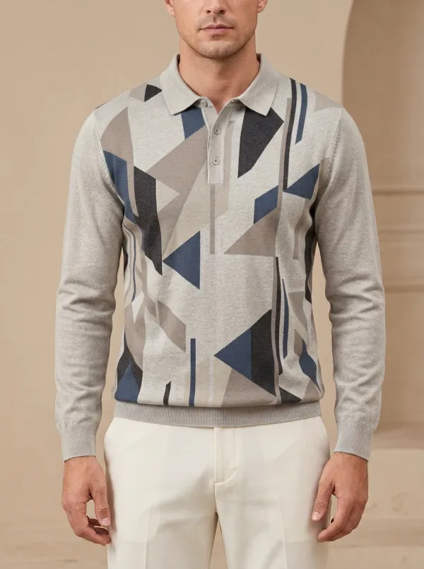 Men's Geometric Abstract Pattern Printed Long Sleeve Polo Shirt Everyday Design