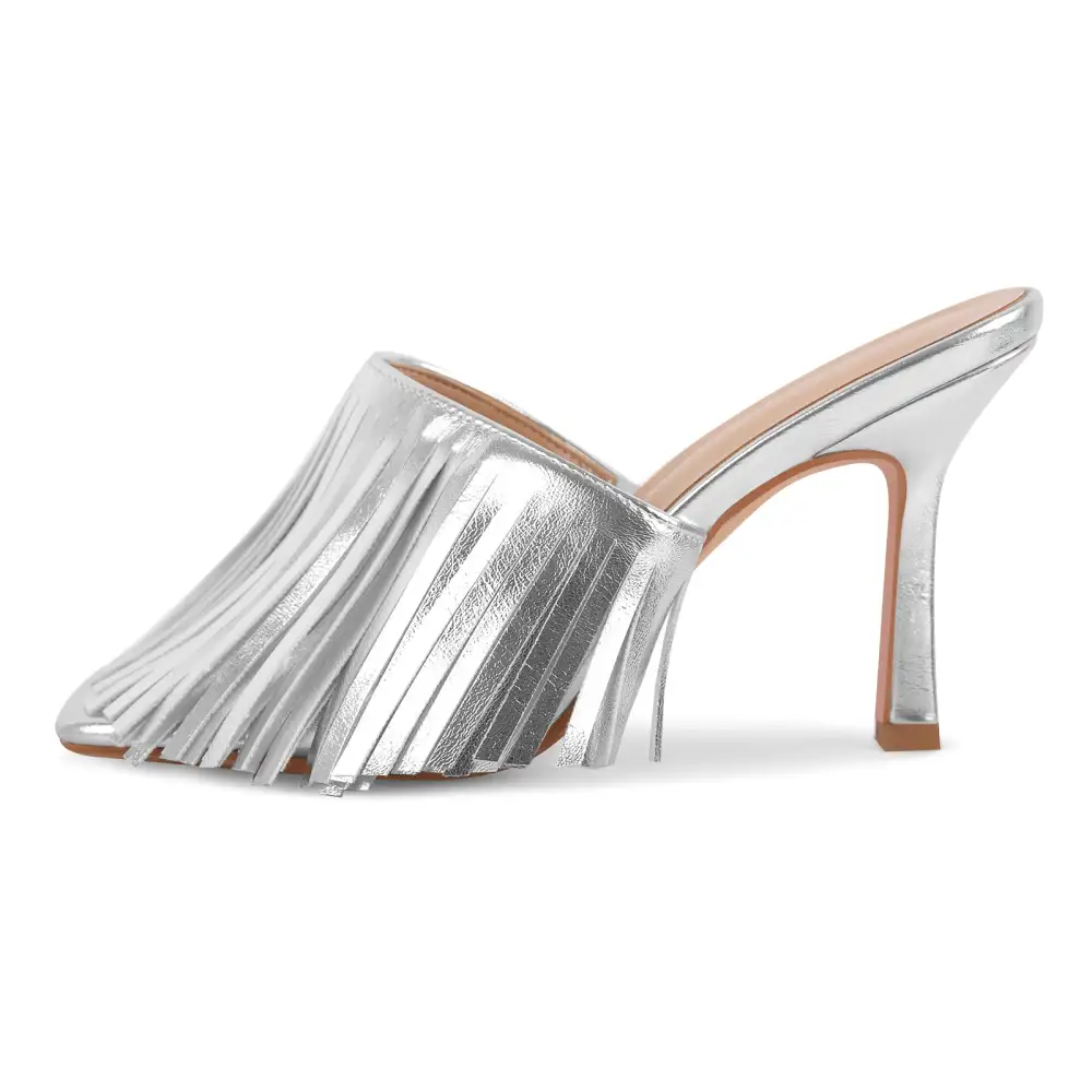 Square Toe Fringe Stiletto Mule Sandals