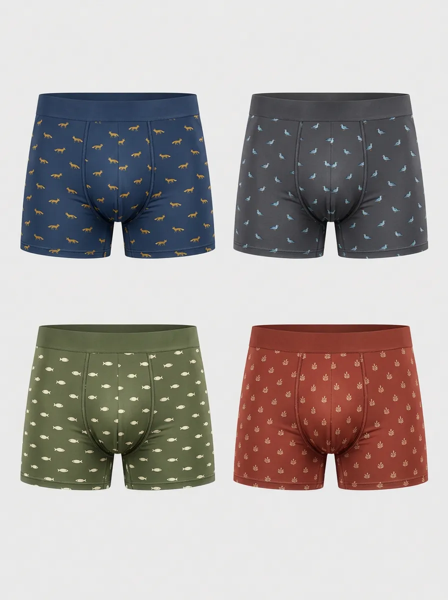 Men's Nature Animal Pattern Fox Bird Fish Leaf Printed Boxer Briefs 4-Pack