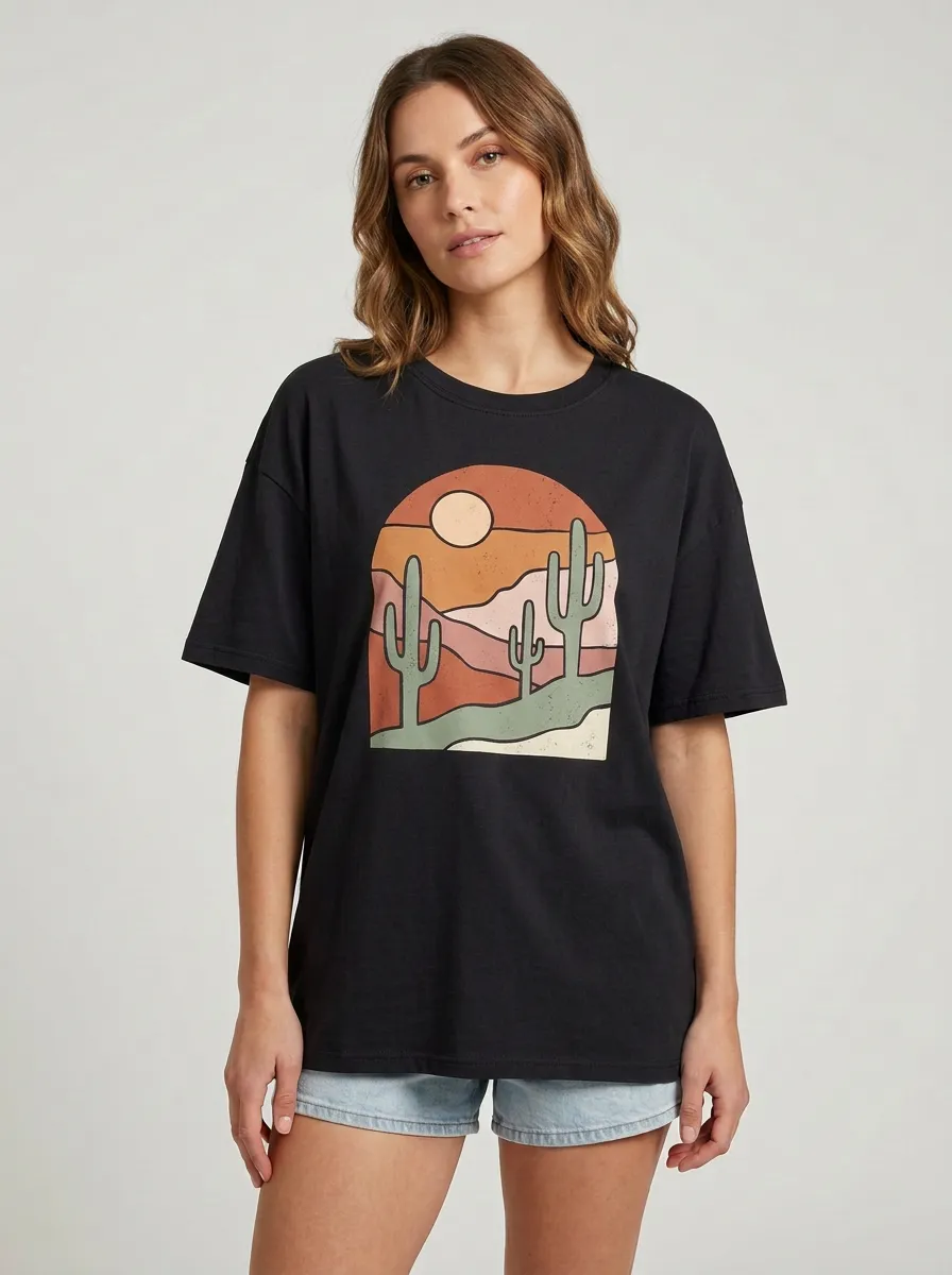 Women's Desert-Cactus-Graphic Crewneck T-Shirt