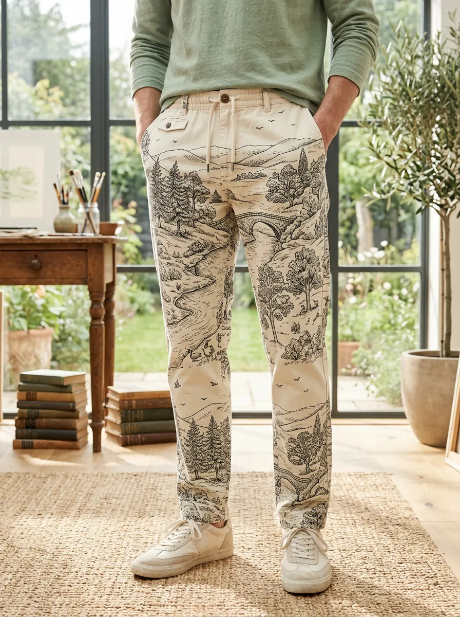 Men's Nature Lover Landscape Sketch Printed Pants
