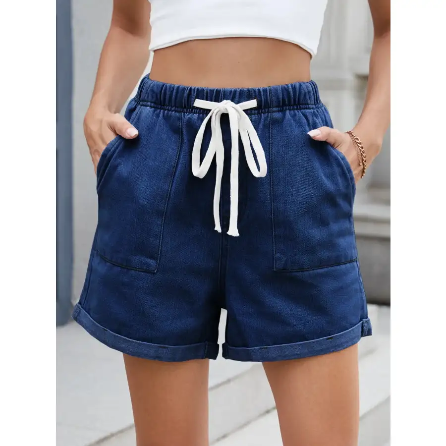 Casual Drawstring Pocketed Denim Shorts
