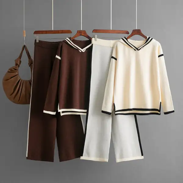 Casual Color Block Hoodie Sweater And Wide Leg Pants Set