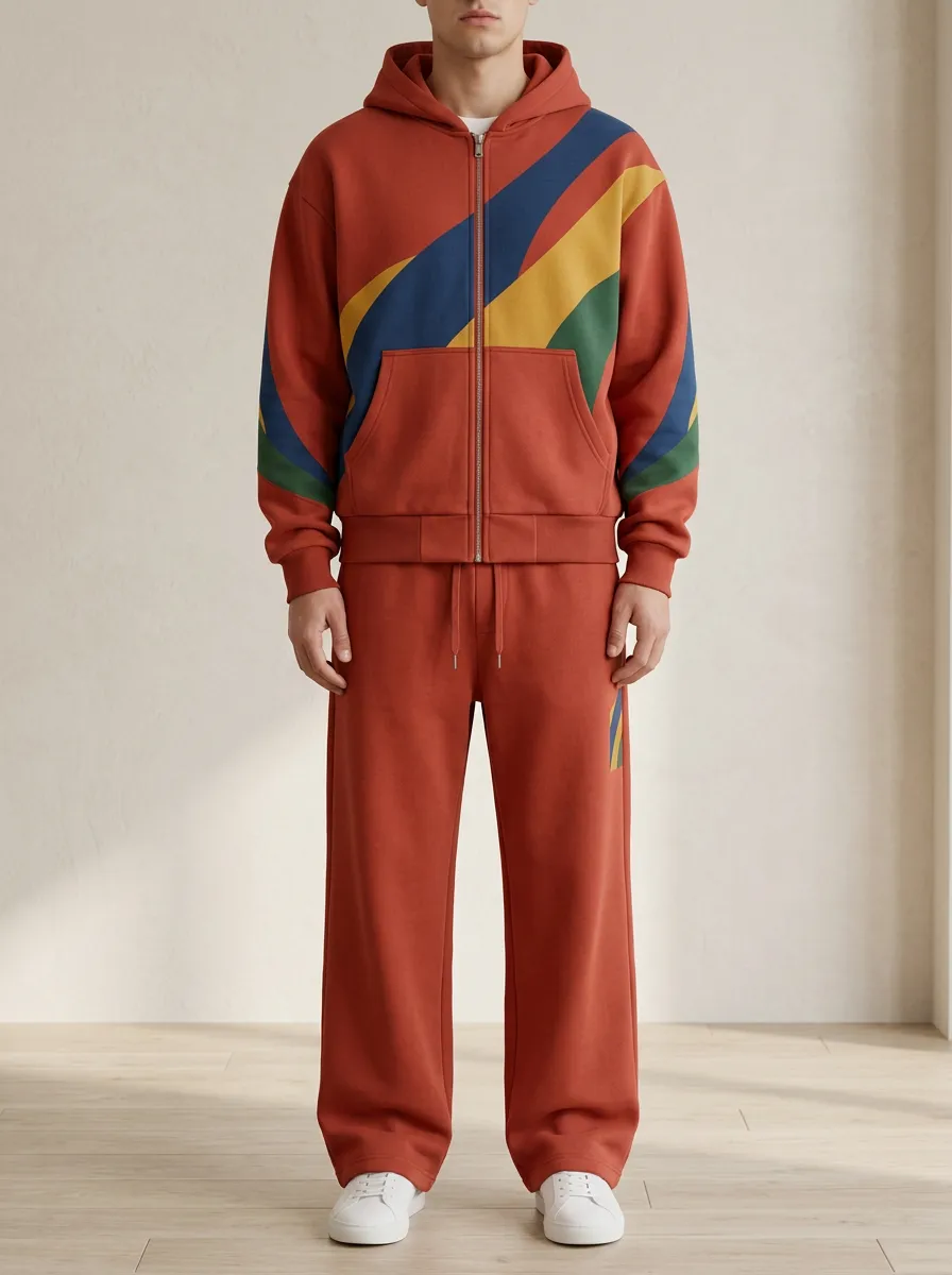 Men's Retro Sportswear Colorblock Striped Printed Hoodie Tracksuit
