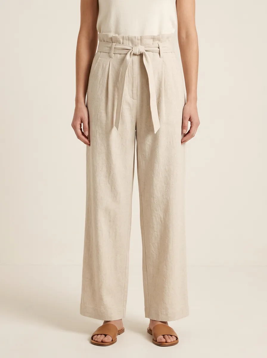 Belted Linen Blend Wide Leg Pants