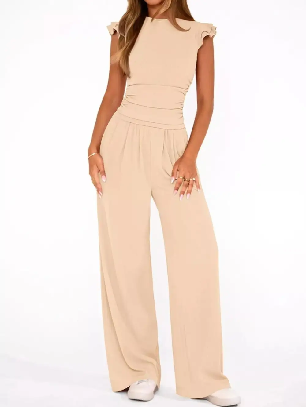 Ruffled Mock Neck Top and Wide Leg Pants Set