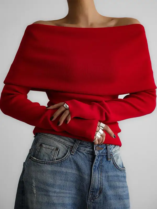 Off Shoulder Long Sleeve Relaxed Fit Pullover Sweater