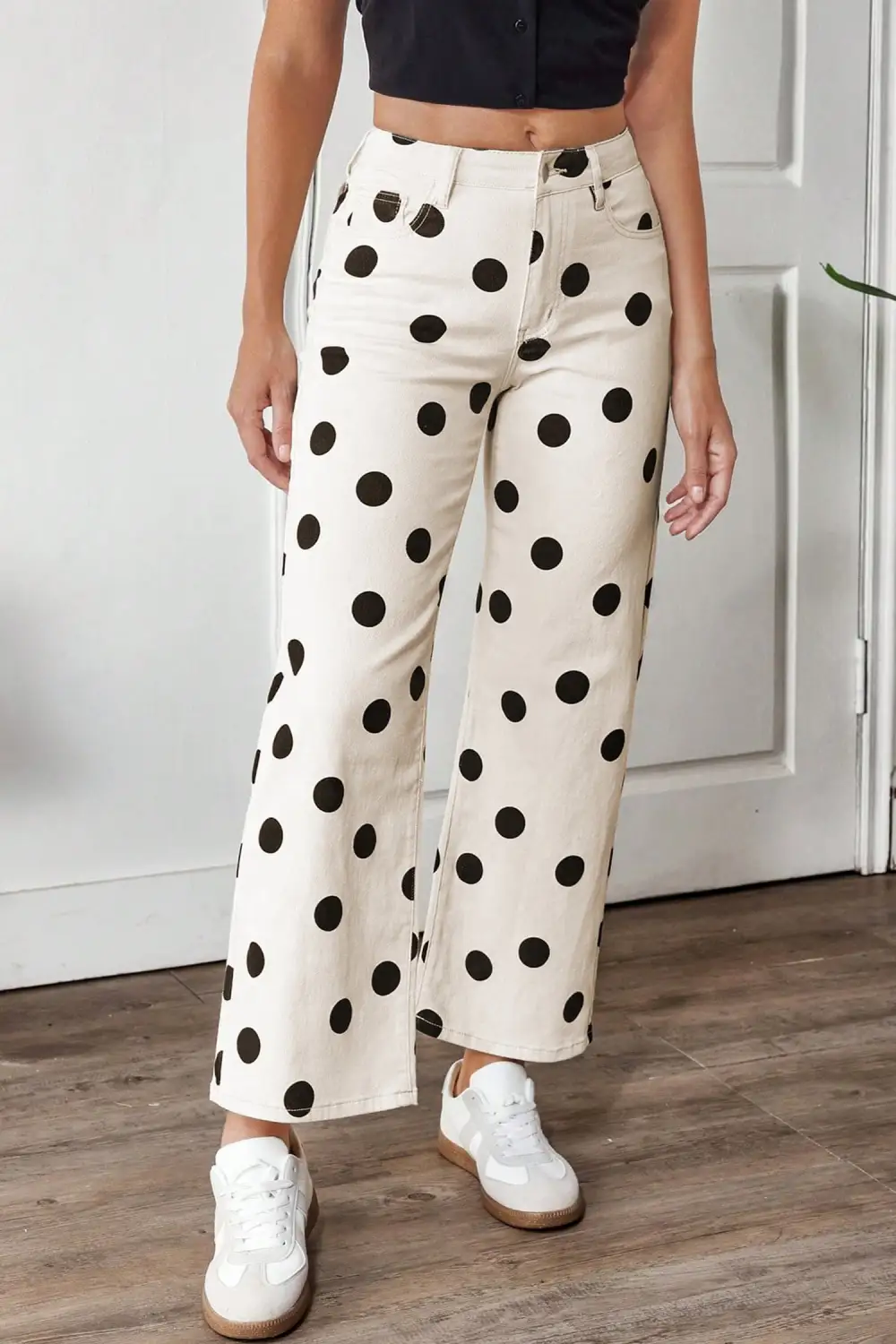 Women's Polka Dot Print Wide Leg Ankle Length Jeans