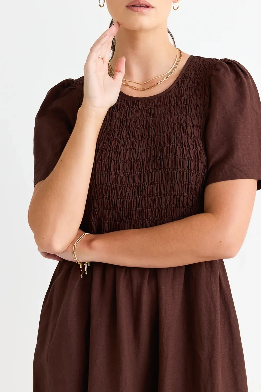 Linen Blend SS Shirred Bodice Midi Dress