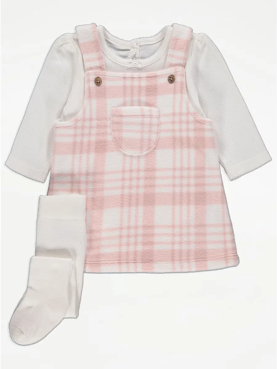 Pink Checked Fleece Pinafore Dress and Bodysuit Outfit