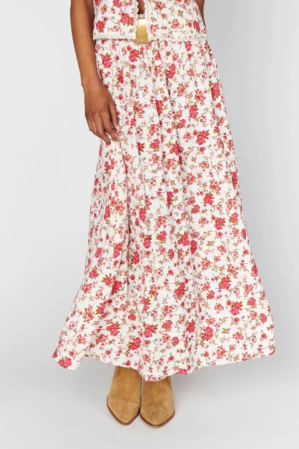 Women's Red Floral Print Flowy Maxi Skirt