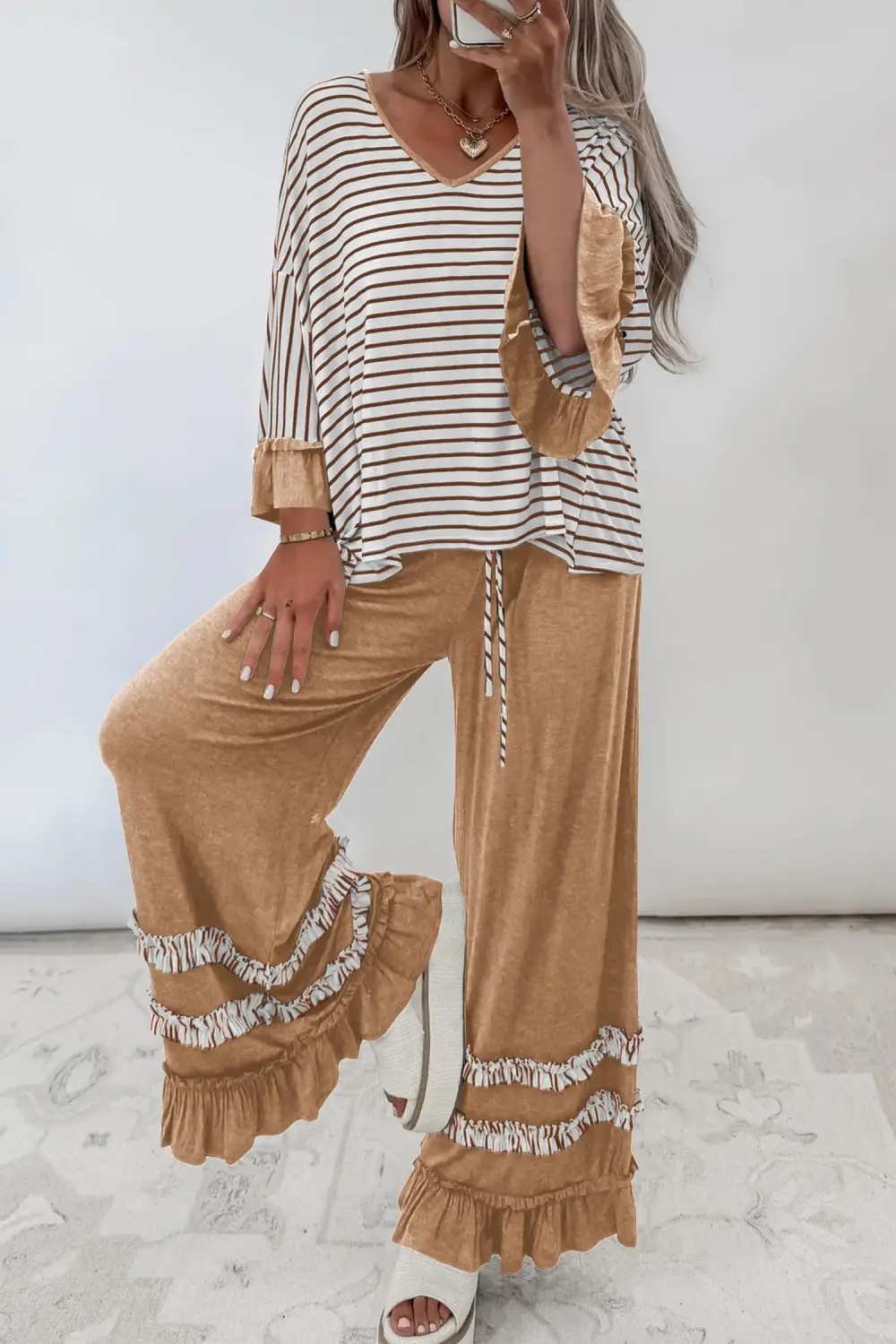 Women's V Neck Ruffle Contrast Sleeve Top Drawstring Pants Two Piece Set