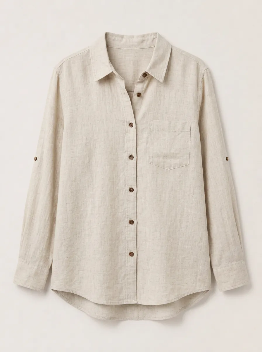 Women's Beige Button-Down Utility Shirt with Curved Hem