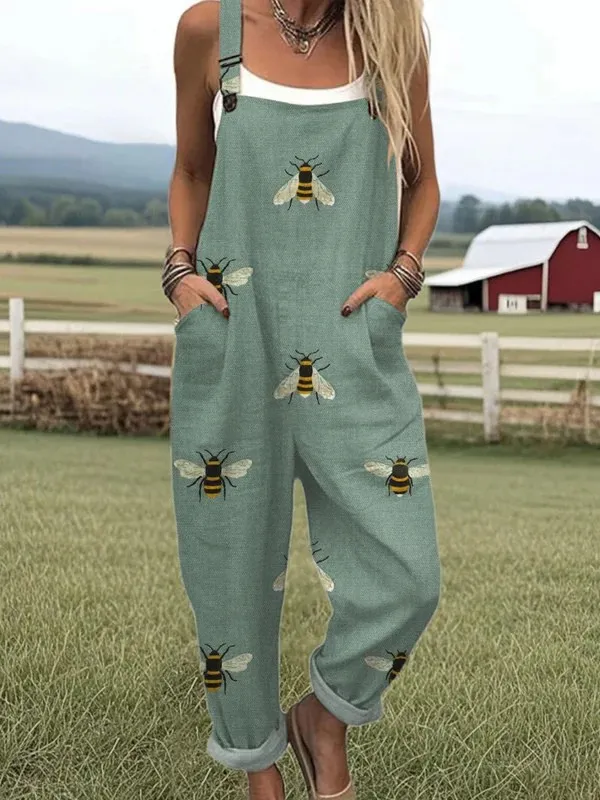  Bee Print Dungaree Jumpsuit
