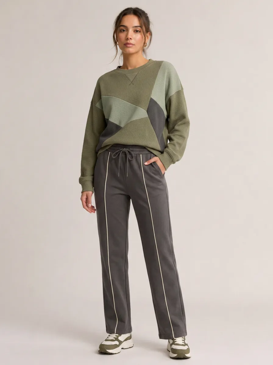 Women's Casual Colorblock Waffle Knit Printed Lounge Set