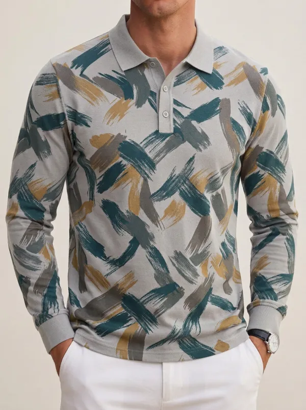 Men's Abstract Brushstroke Printed Long Sleeve Polo Shirt