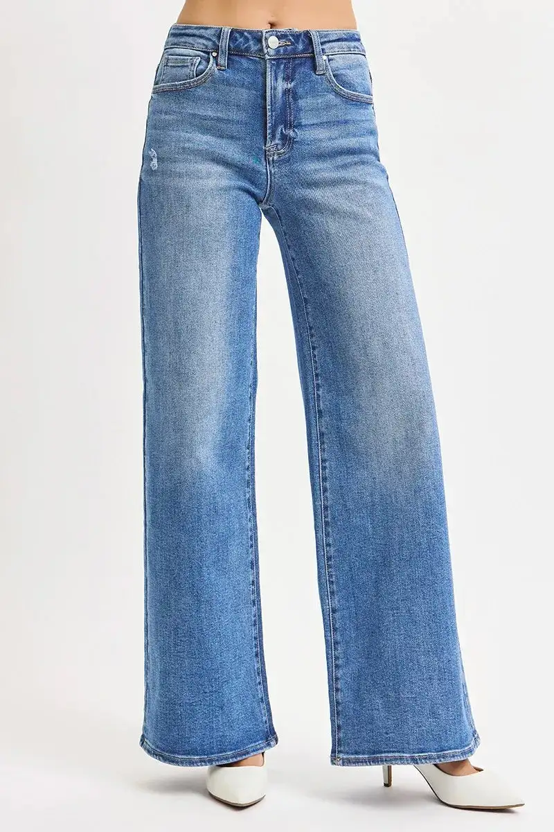 Textured Denim High Rise Wide Leg Pocketed Jeans