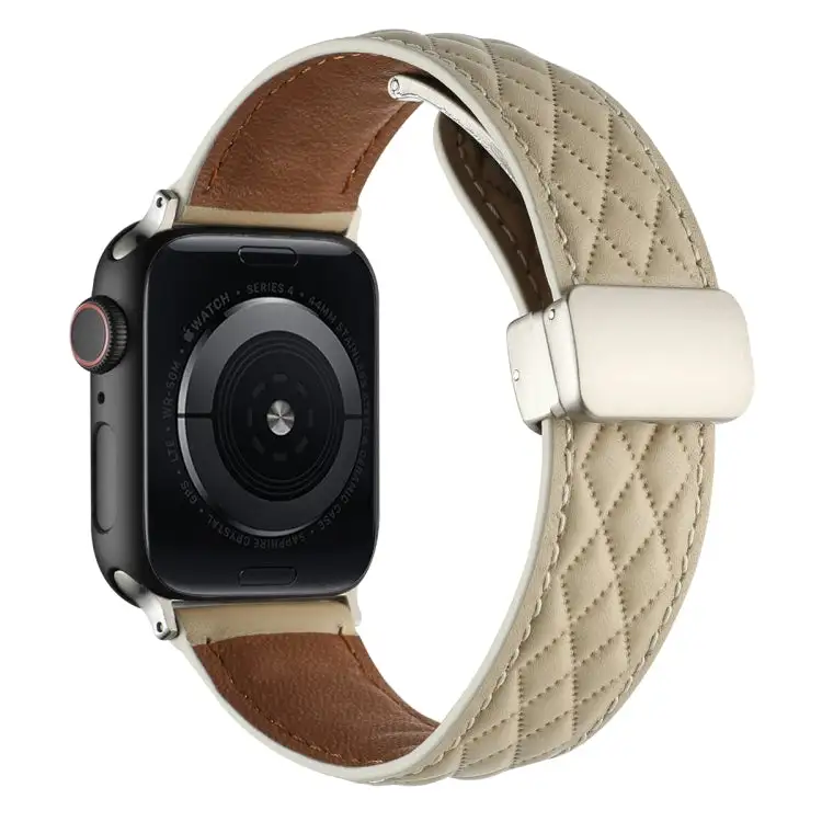 Rhombus Pattern Magnetic Folding Buckle Leather Watch Band for Watch Series 3 42 mm - Starlight