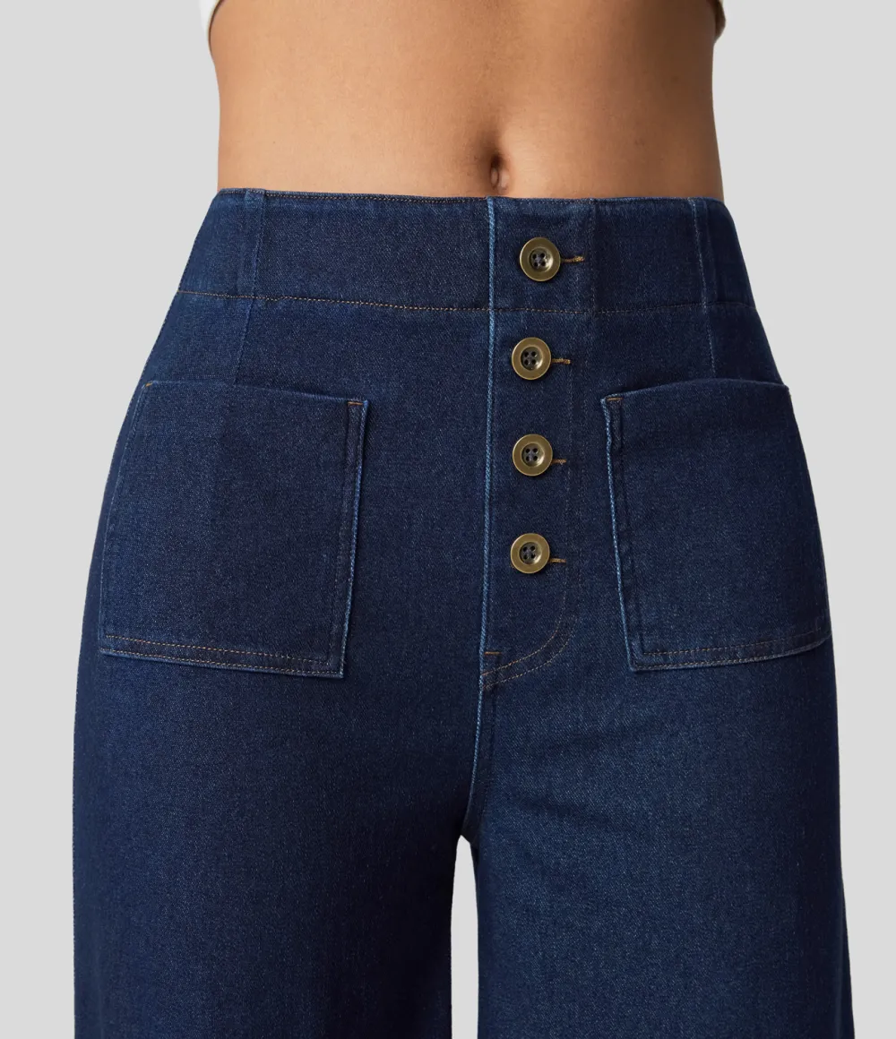 Magic High Waisted Button Pockets Washed Stretchy Knit Casual Wide Leg Jeans