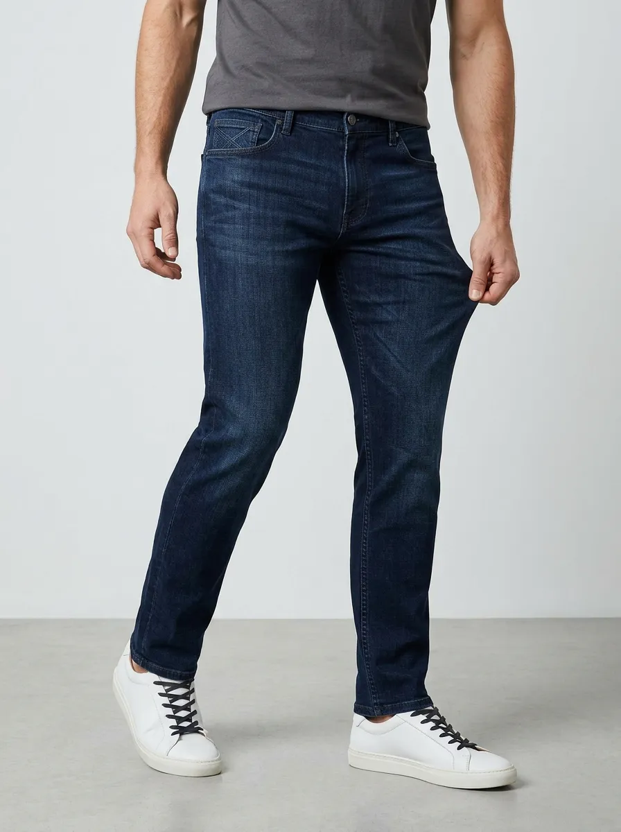 Men's Dark Wash Cross-Stitch Detail Stretch Denim Jeans
