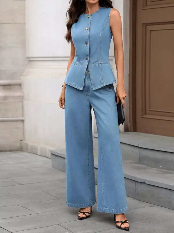 Sleeveless Button Front Vest and Pants Set