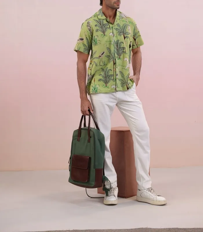 Green Jungle Print Mulmul Cotton Camp Collar Shirt