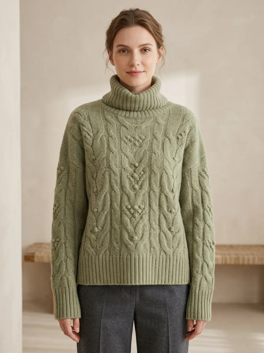 Women's Sage Green Cable Knit Bobble Pattern Turtleneck Sweater