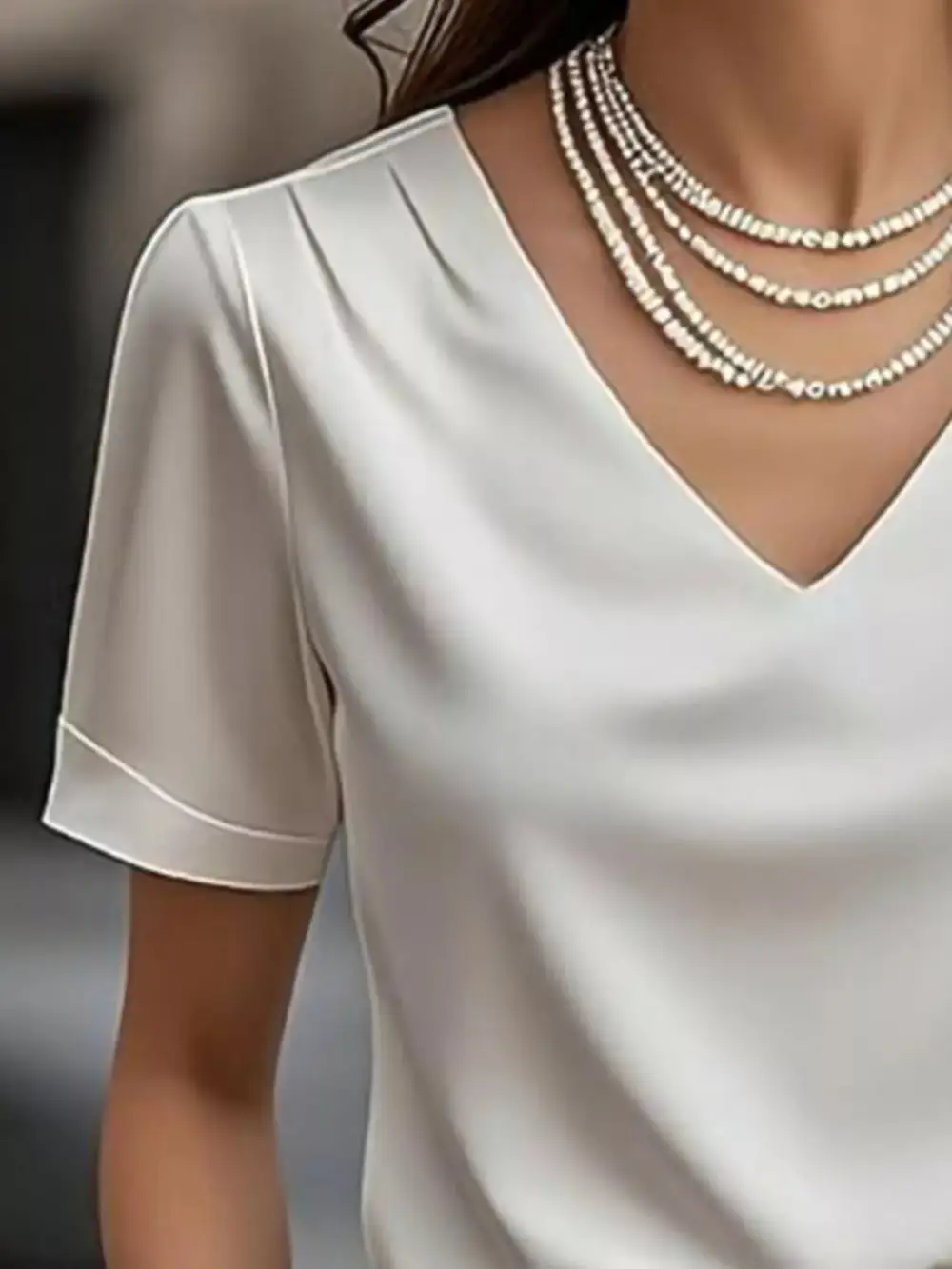 V-Neck Short Sleeve Satin Blouse