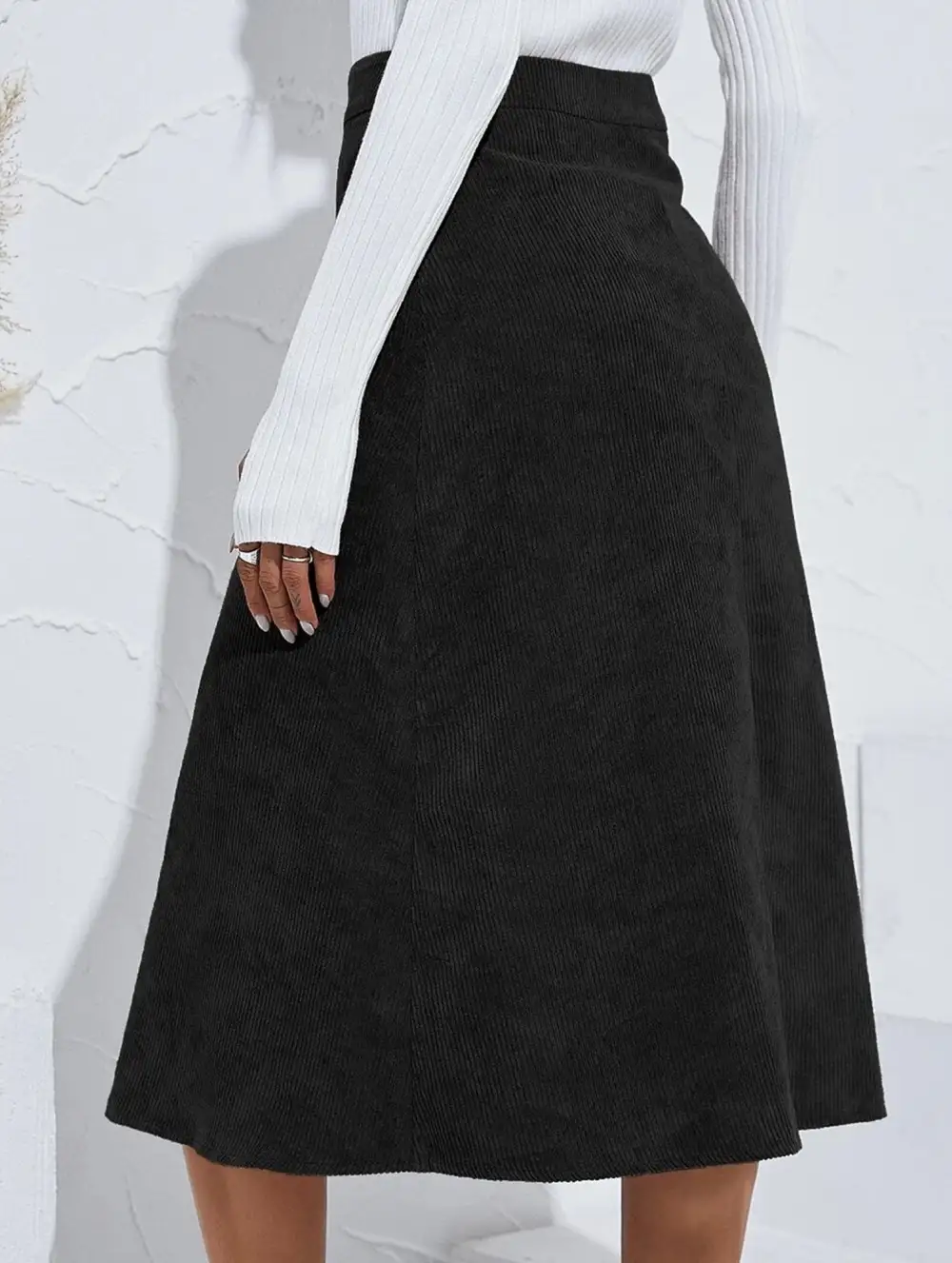 Corduroy Button Front Midi Skirt
