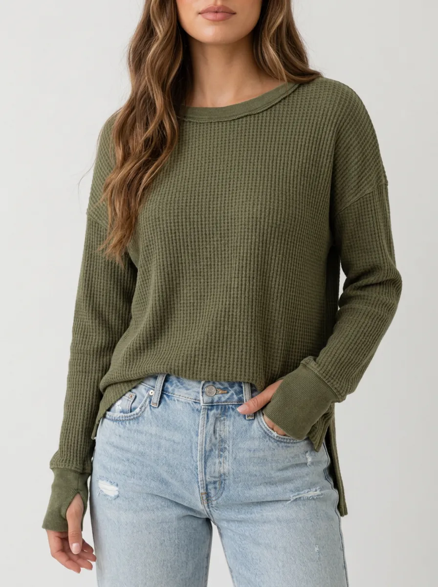 Women's Olive Green Waffle Knit Long Sleeve Thermal Top
