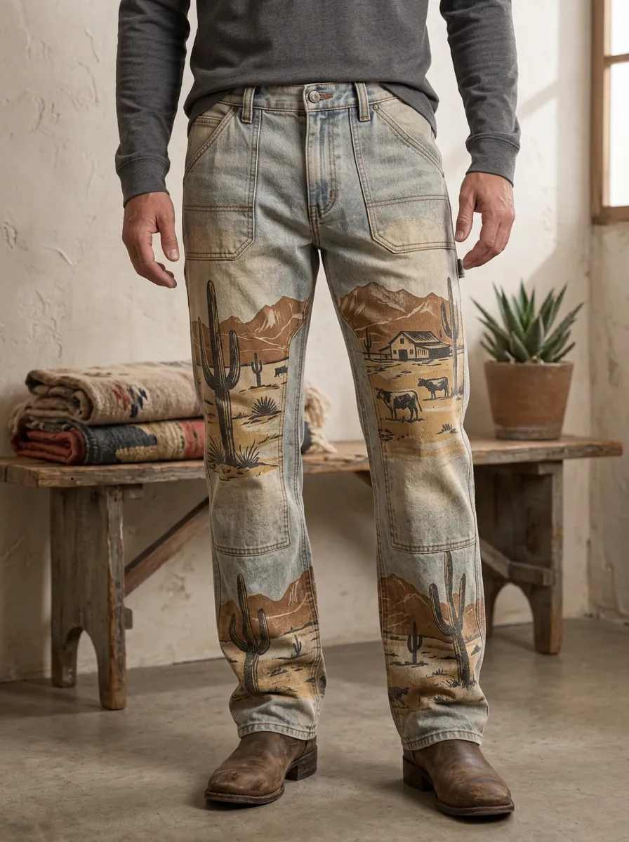 Men's Western Cowboy Desert Cactus Printed Pants