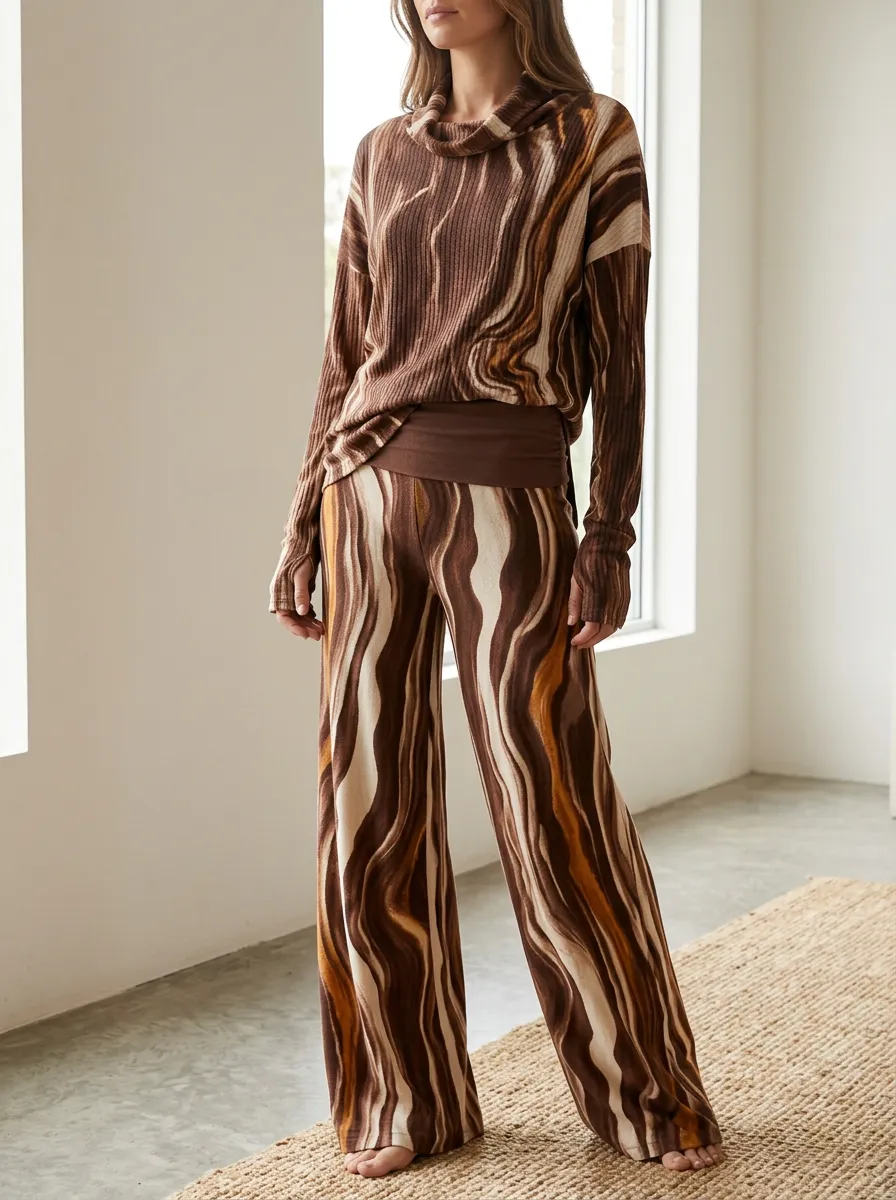 Women's Lounge Marble Patterned Cowl Neck Wide Leg Pants Set