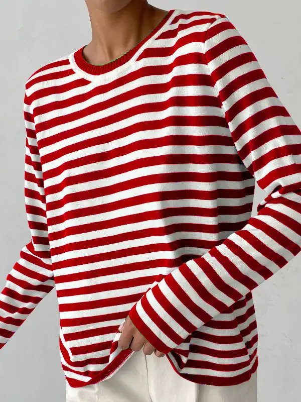 Striped Paneled Round Neck Long Sleeve Relaxed Fit Sweater