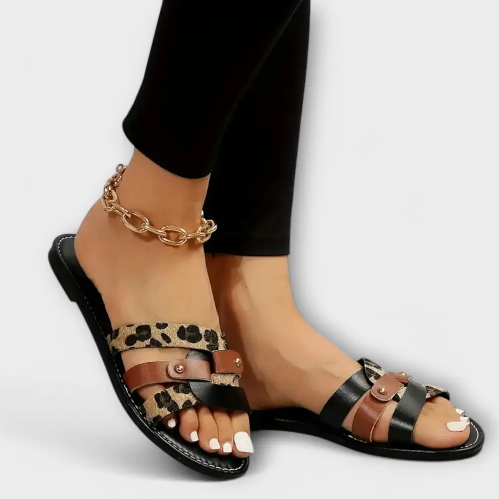 Leather Cross Strap Leopard Print Flat Sandals