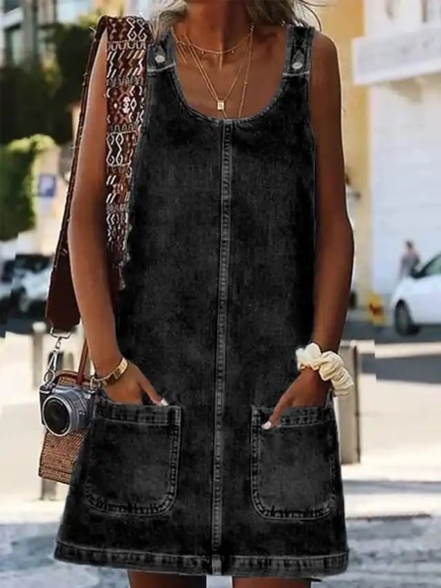 Women's Casual Dress Shift Dress Denim Overall Pinafore Dress Mini Dress Denim Fashion Modern Outdoor Daily Vacation U Neck Pocket Sleeveless Summer Spring 2026 Regular Fit Black Blue Gray Plain S M