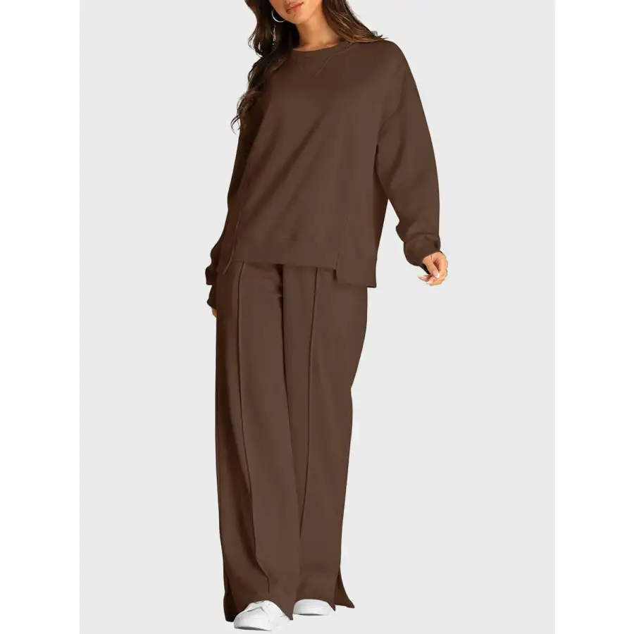 Round Neck Long Sleeve Top and Slit Pants Set