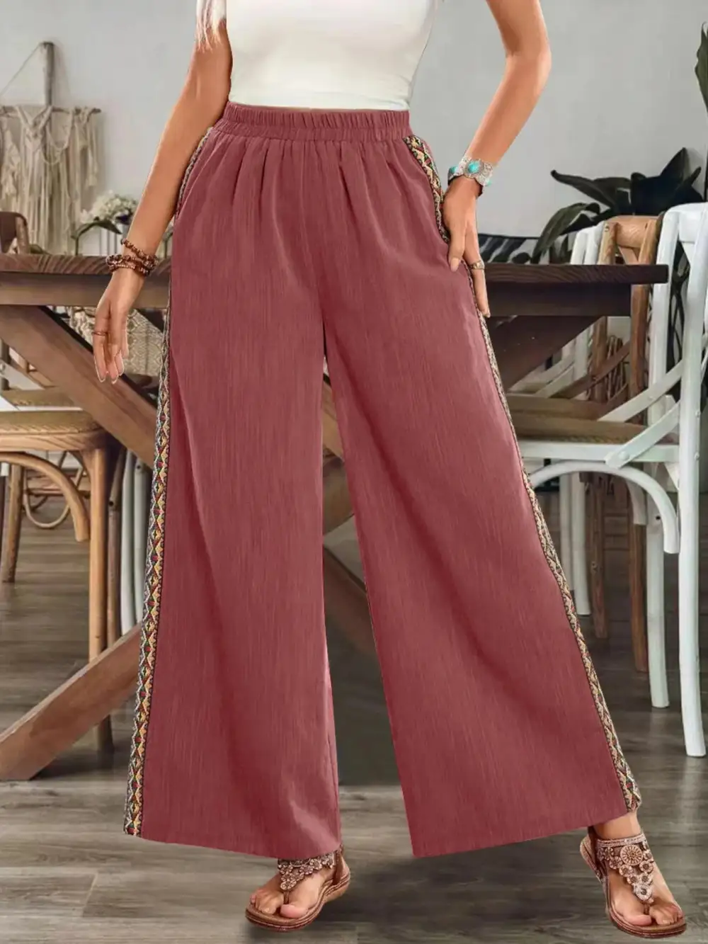 Bohemian Wide-Leg Embroidered Side Stripe Pants