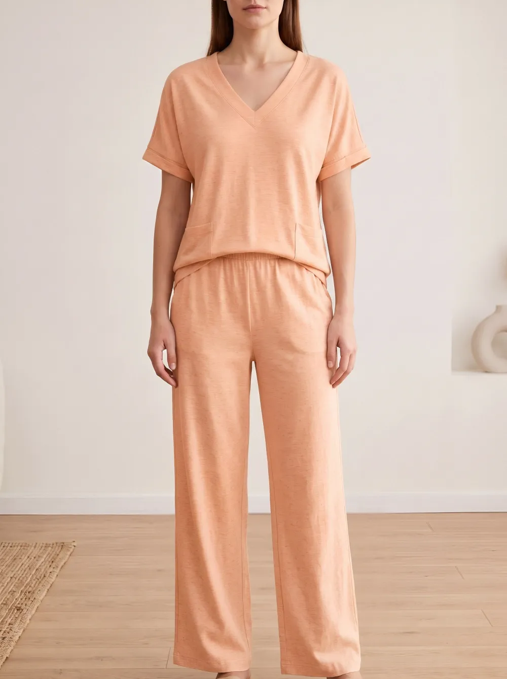 Waffle Knit V Neck Lounge Set
