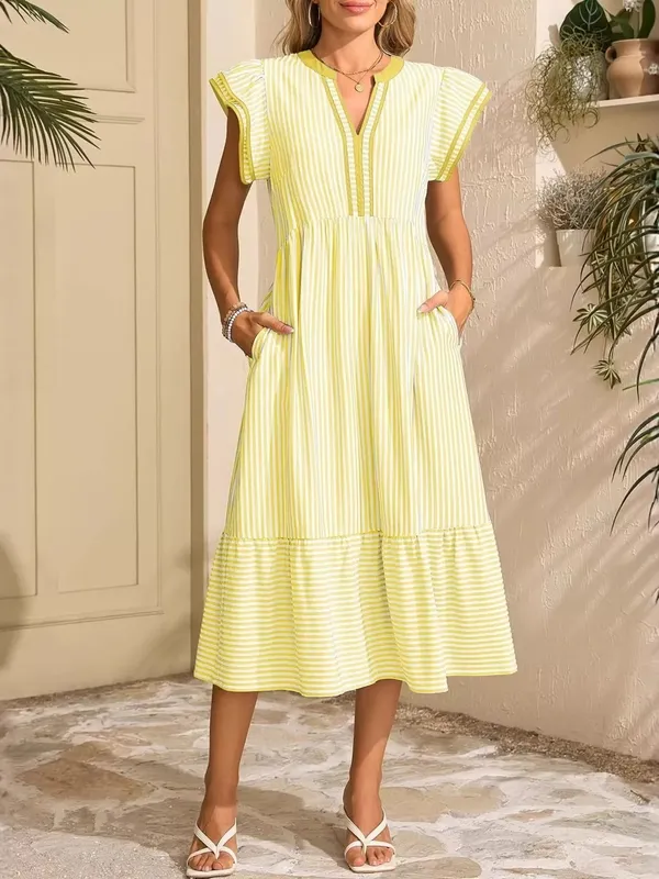 Striped Notched Ruffle Sleeve Dress