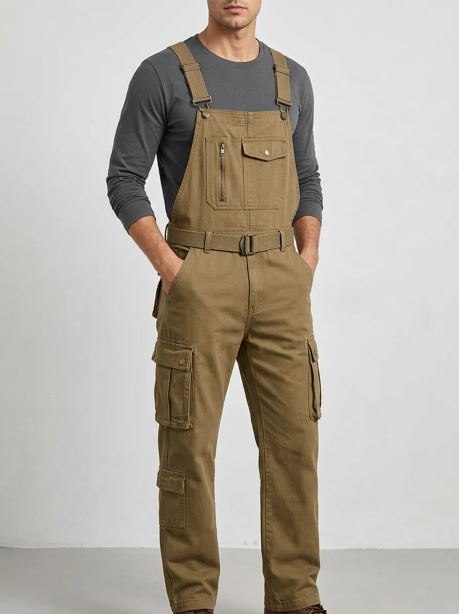 Men's Casual Khaki Multi-Pocket Cargo Bib Overalls