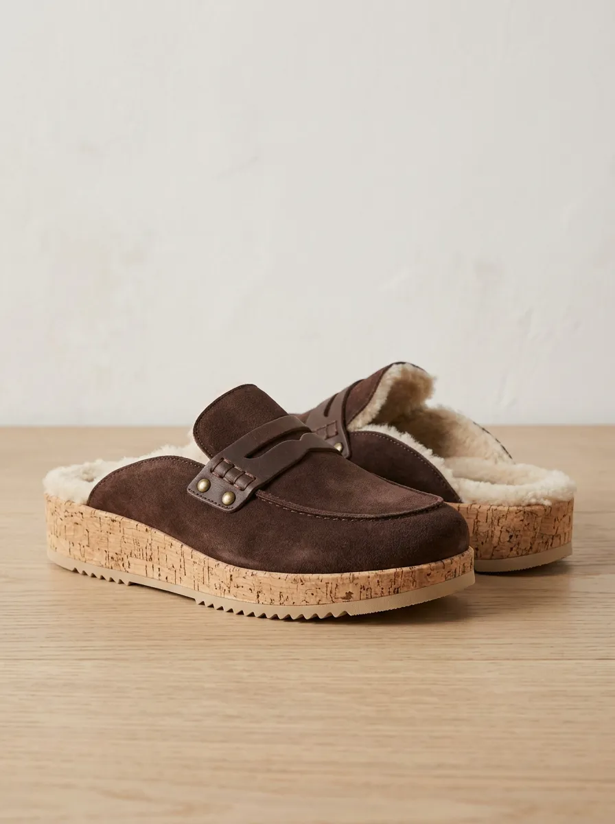 Women's Heritage Faux Fur Lined Platform Suede Wood Sole Loafers