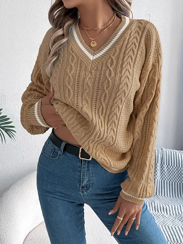 Cable Knit Paneled V-Neck Puff Sleeve Long Sleeve Knit Top