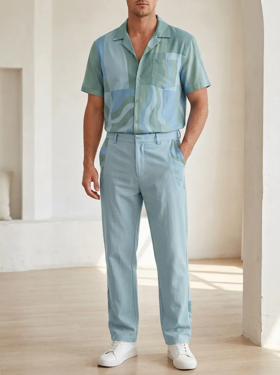 Men's Abstract Geometric Wave Printed Casual Set