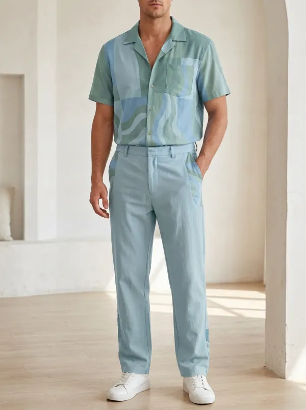 Men's Abstract Geometric Wave Printed Casual Set