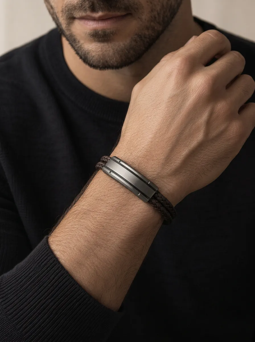 Men's Artisan Inspired Minimalist Braided Leather Stainless Steel Bracelet