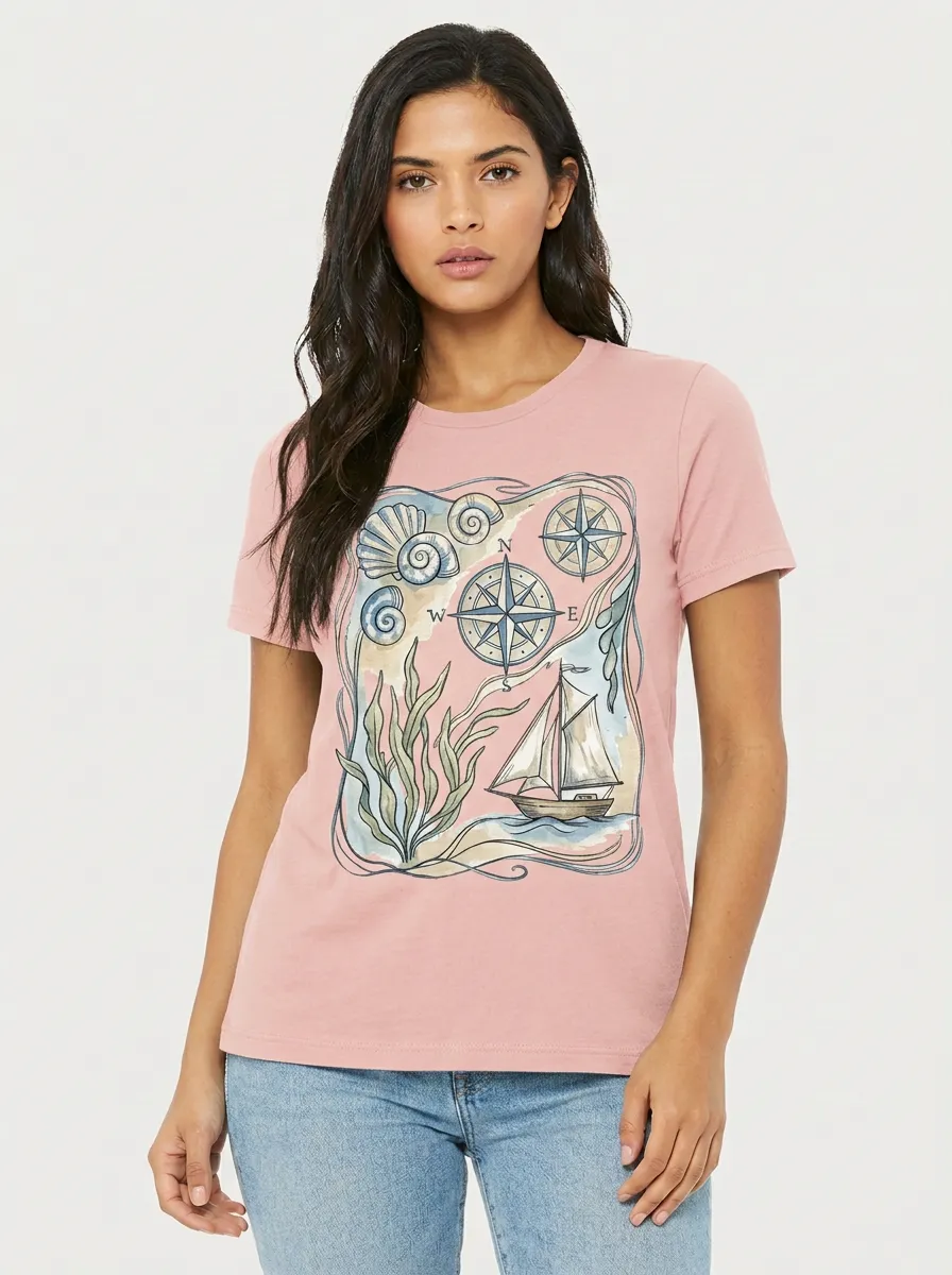 Women's Nautical Sailing Lover Compass Shell Graphic T-Shirt